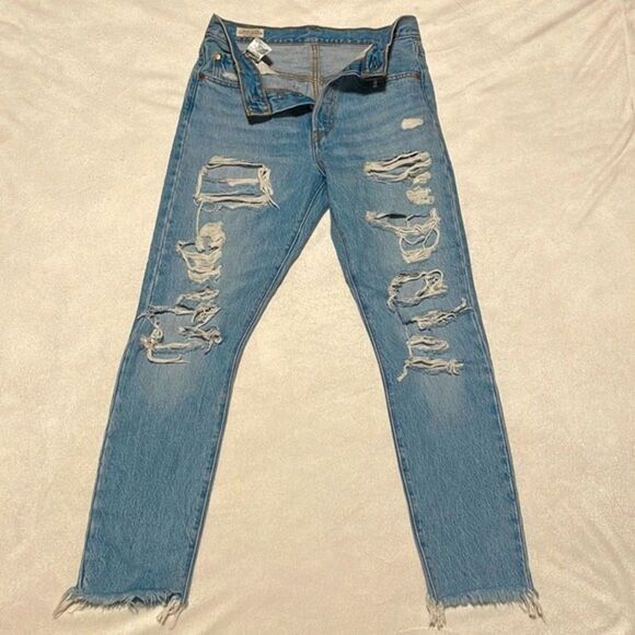 Levi’s Premium- 501 S High Rise Skinny Distressed Raw Hem Big E Jeans- Size 26 - Picture 3 of 16